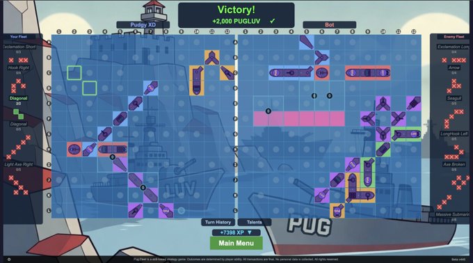 A 'Victory!' screen from the PUGLUV game showing a naval strategy battle grid where player 'Pudgy XD' defeated 'Bot' with +2,000 PUGLUV.