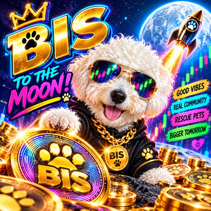 A colorful crypto meme featuring a fluffy dog in sunglasses with 'BIS TO THE MOON!' text, surrounded by BIS coins, a rocket, and labels like 'GOOD VIBES' and 'BIGGER TOMORROW'.