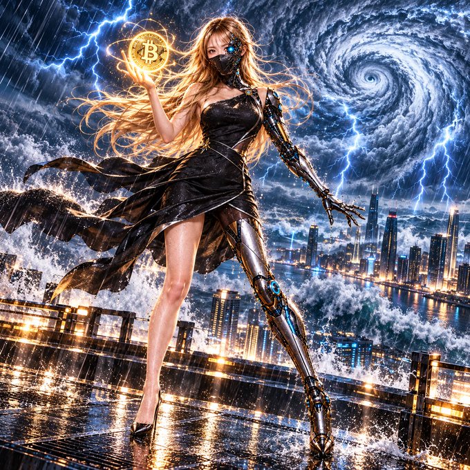 A dramatic digital artwork features a blonde cyborg woman in a torn black dress holding a glowing Bitcoin symbol, standing before a stormy cityscape with lightning and a swirling vortex.