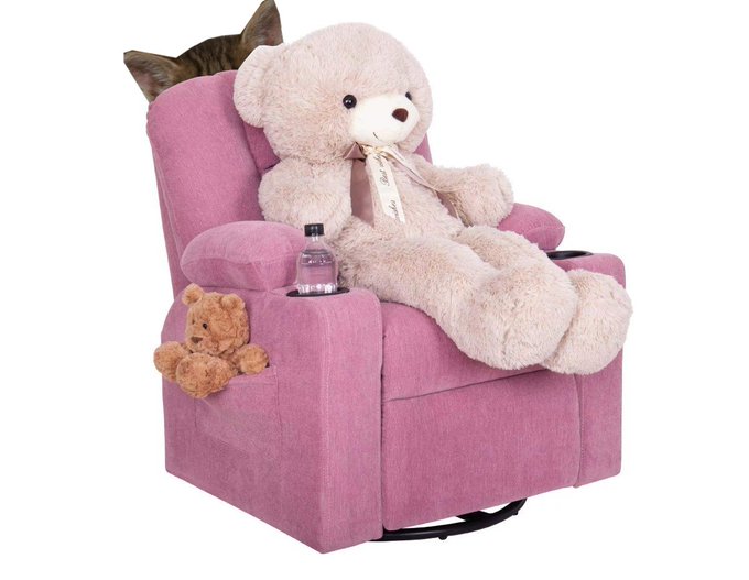A pink children's recliner chair holds a large white teddy bear, with a small brown teddy bear in the side pocket and a cat peeking over the back.