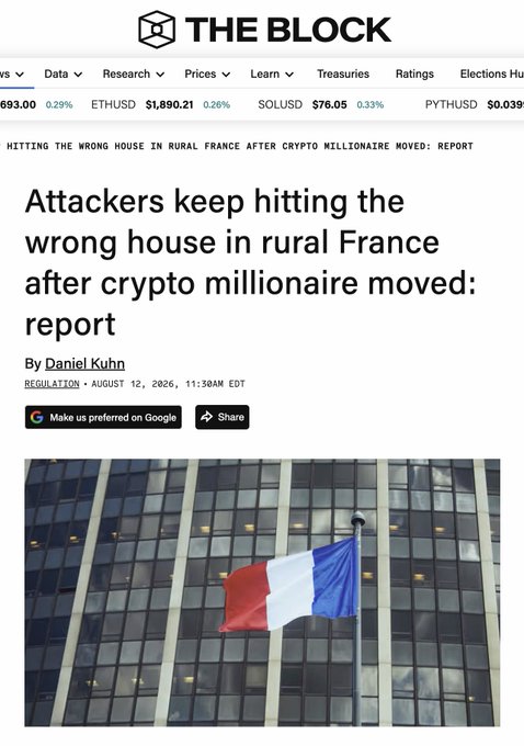 A screenshot from The Block news site shows the headline "Attackers keep hitting the wrong house in rural France after crypto millionaire moved: report," written by Daniel Kuhn and dated August 12, 2026, alongside an image of the French flag. The article relates to the accompanying post about ongoing physical security threats facing crypto holders, which is illustrated by the mention of a Trezor data breach exposing ~15,000 customers and concerns about violence like kidnappings.