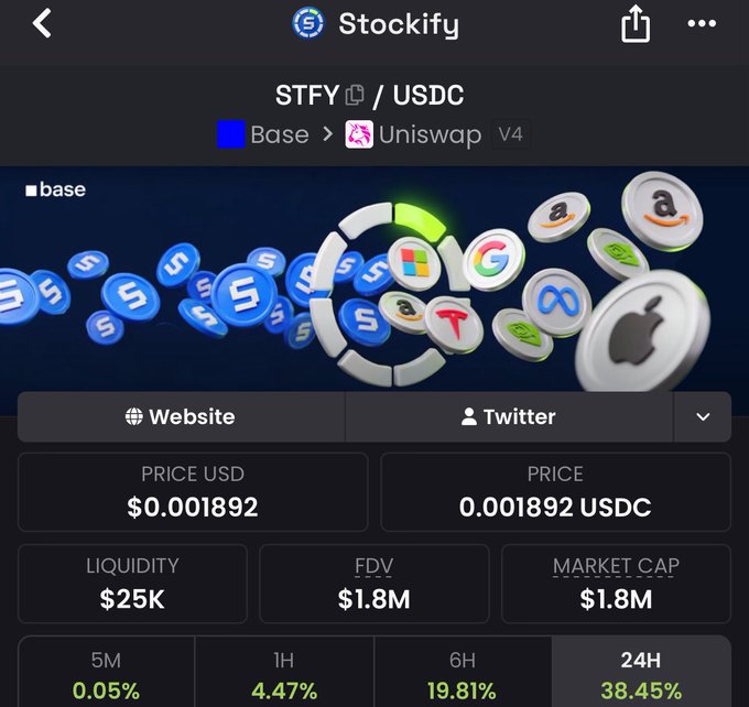 A screenshot of a cryptocurrency tracking app showing the Stockify (STFY) token trading at $0.001892 USDC on Base/Uniswap V4, with a market cap of $1.8M and 24H change of 38.45%.