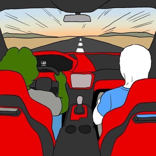 Illustration from inside a red sports car showing a green-skinned driver gripping the wheel with a passenger in blue, the speedometer reading 120 mph as they speed down an open highway.