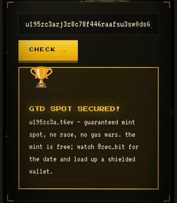 A webpage displays a "GTD SPOT SECURED!" confirmation with a trophy icon, showing a guaranteed mint spot for u195zc3a…t6ev with no race or gas wars, advising users to watch @zec_bit for mint details. The image reinforces the post's announcement of securing a guaranteed spot for the @zec_bit mint.