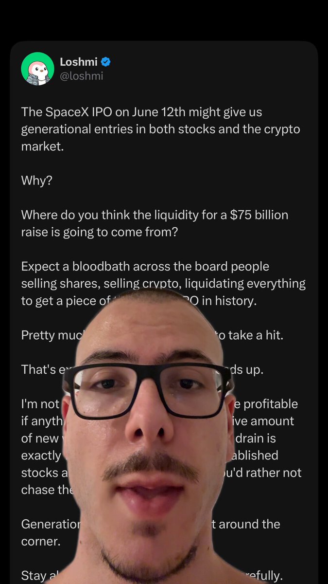 The image features a man wearing glasses, with his face displayed prominently against a black background. The caption of the image reads "$SPCX BY SPACEX MIGHT GIVE EVERYONE THE ENTRIES THEY HAVE BEEN LOOKING FOR IN CRYPTO AND STOCKS". This suggests that the man is promoting an idea or concept related to cryptocurrency and stocks, possibly involving the use of a smartphone. The caption implies that there might be some connection between the image and the post on social media, but it's not clear if the man is actually promoting something specific in the image.

The image also contains text about the Spacex IPO, which could be related to the promotion or discussion of cryptocurrency and stock markets. However, without more context, we cannot determine whether this information is directly connected to the caption on the image.