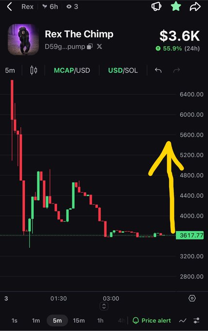A mobile trading chart for "Rex The Chimp" token (D59g...pump) showing a 55.9% gain, with a yellow hand-drawn arrow pointing upward.