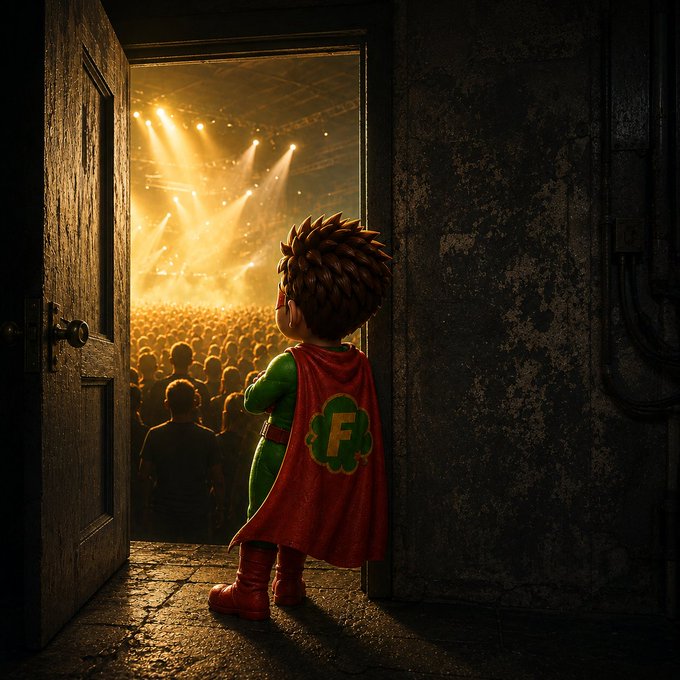 A small superhero character wearing a green suit, red boots, and a red cape with an 'F' emblem, standing at an open doorway looking out at a brightly lit concert crowd.