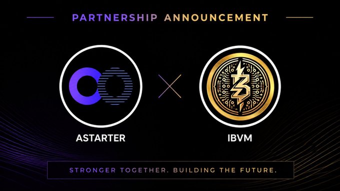A partnership announcement graphic featuring the Astarter and IBVM logos side-by-side with an "X" between them, headlined "PARTNERSHIP ANNOUNCEMENT" and tagged with the tagline "STRONGER TOGETHER. BUILDING THE FUTURE." The image visually represents the collaboration highlighted in the post between AstarterDefiHub's DeFi/AI agent expertise and IBVMChain's AI-powered ZK execution layer.
