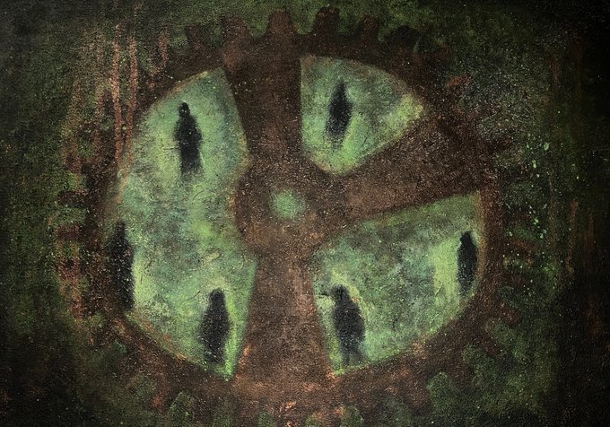 A dark, eerie painting of a circular structure with silhouettes of hooded figures standing in glowing green window-like openings, surrounded by a rusty textured frame.