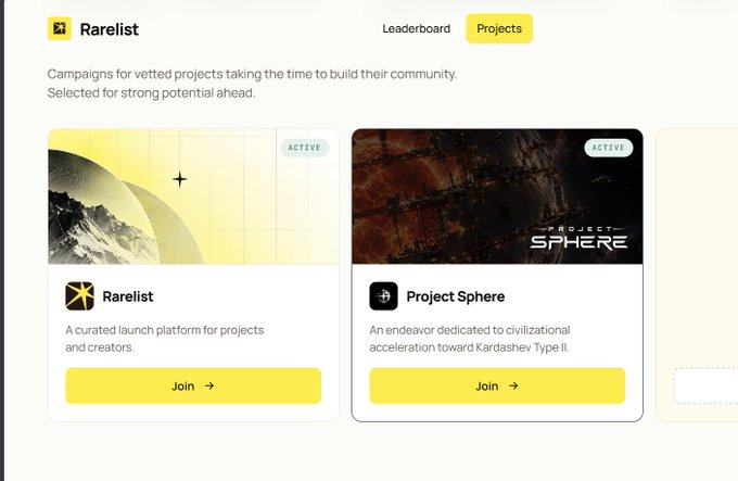 A webpage for 'Rarelist' featuring campaigns for vetted projects, showing active cards for 'Rarelist' (a curated launch platform) and 'Project Sphere' (dedicated to civilizational acceleration toward Kardashev Type II), each with a 'Join' button.