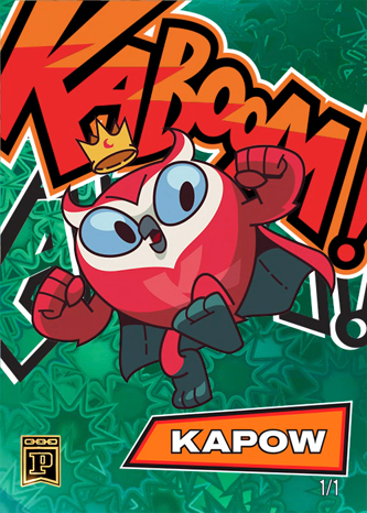 Crypto.com NFT card #1/1 featuring a red cartoon character with a crown in an action pose with 'KAPOW' displayed on the card.