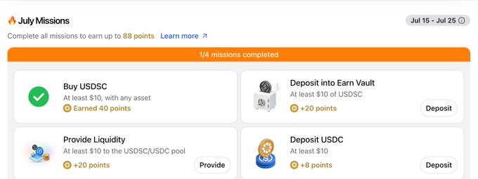 A screenshot of 'July Missions' rewards interface showing 1/4 missions completed, with the 'Buy USDC' mission marked as completed earning 40 points, while 'Deposit into Earn Vault', 'Provide Liquidity', and 'Deposit USDC' remain available for additional points (July 15 - July 25).