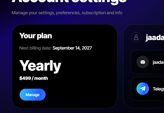 A screenshot of an account settings page showing a "Yearly" subscription plan for $499/month, with a next billing date of September 14, 2027, alongside user profile info for "jaada".