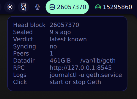 A system status screen shows Head block 2605730, sealed 9 seconds ago, with 1 peer and 461GiB Datadir for a Geth node.