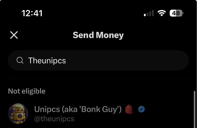 The image displays an X Money "Send Money" screen showing a search for "Theunipcs," with results indicating that the account "Unipcs (aka 'Bonk Guy')" (@theunipcs) is marked as "Not eligible," despite being a known crypto creator to whom creator fees were owed. The accompanying post explains that since X Money won't allow the ETH payment, the team is redirecting the ~$300 equivalent into a token buyback and burn instead.