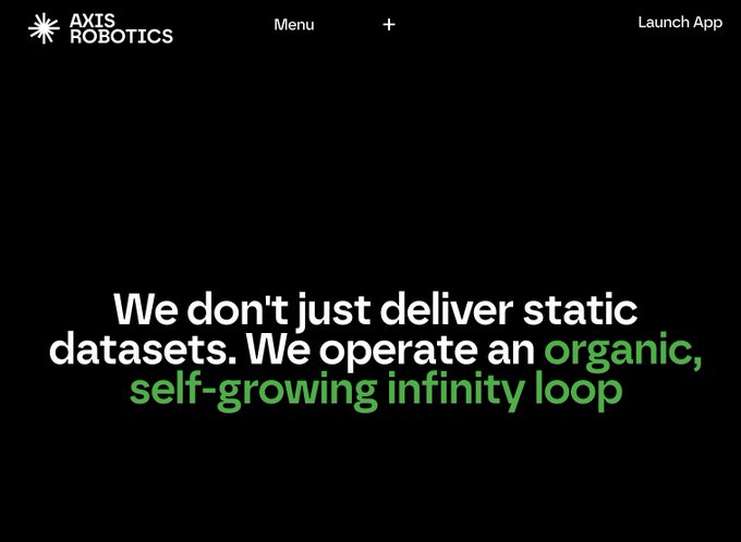 The Axis Robotics website featuring the text 'We don't just deliver static datasets. We operate an organic, self-growing infinity loop'.