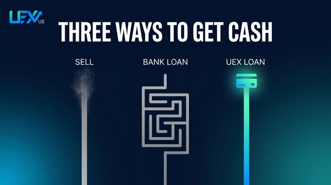 UEX US infographic titled 'THREE WAYS TO GET CASH' showing SELL, BANK LOAN, and UEX LOAN options with stylized illustrations including a maze and credit card.