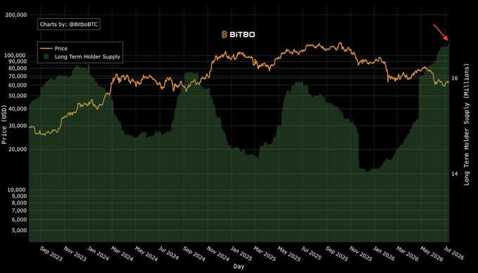 A dark-themed line chart from Bitbo showing Bitcoin Price (orange line) and Long Term Holder Supply (green area) from September 2023 to July 2026, with a red arrow pointing to a recent peak.