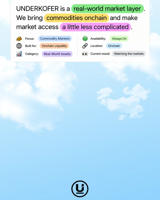 Underkofer is introduced as a "real-world market layer" that brings commodities onchain to simplify market access, with tags noting its focus on Commodity Markets and Onchain Liquidity under the Real-World Assets category. The post's mention of "building the rails" aligns with the image's emphasis on quietly bridging physical commodities to blockchain infrastructure through an "Always On" platform.