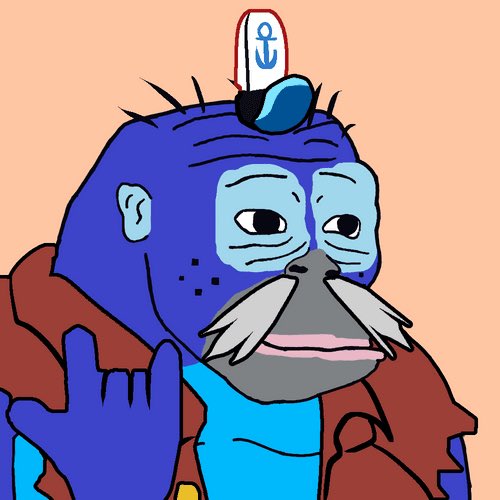 Cartoon drawing of a blue gorilla/monkey character with a white mustache, wearing a brown vest and a small sailor hat with an anchor symbol, waving on a peach background.