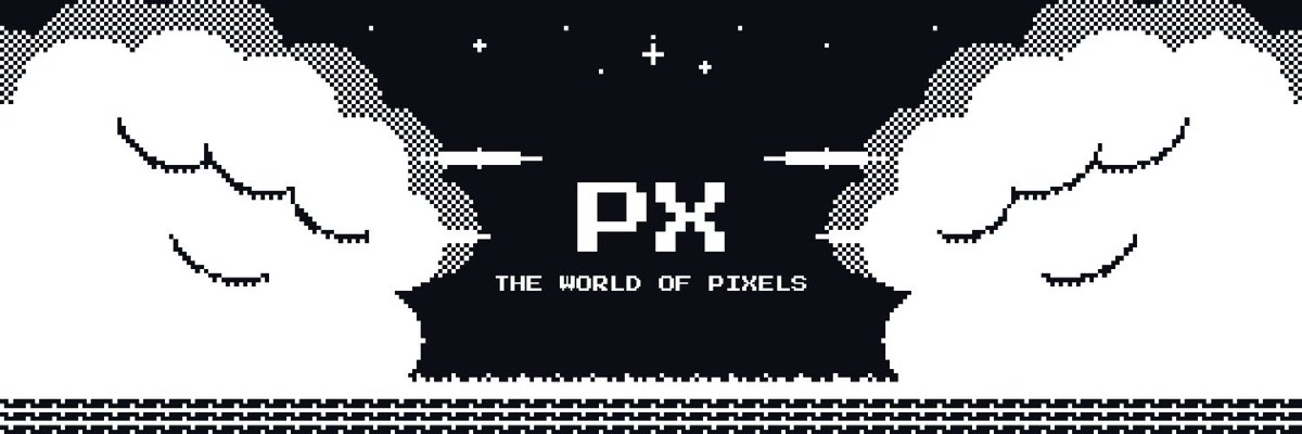 A black-and-white pixel art graphic displaying the text 'PX' with 'THE WORLD OF PIXELS' underneath, flanked by stylized clouds against a starry background.