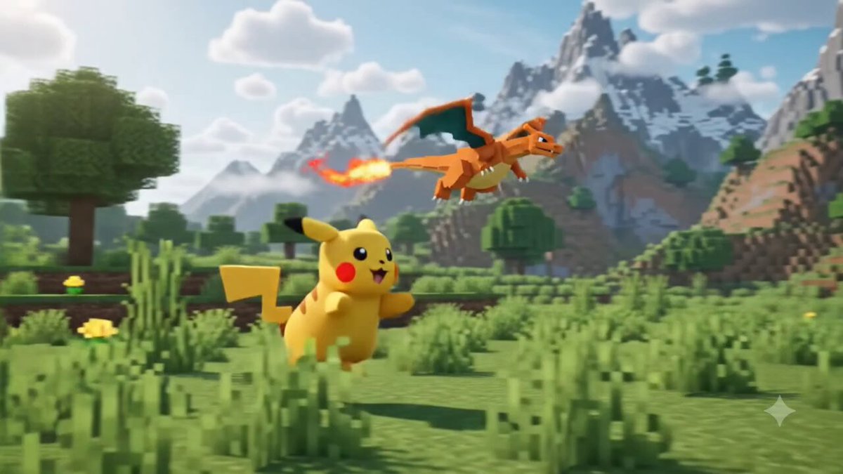 The image shows two Pokemon characters, one yellow and one orange, running through a grassy area with mountains in the background. The text above the image reads "All the Mons x BlockToEarn We wanted you to have the best Minecraft experience ever - and we know that after a few hours, it can start to feel a bit boring". This suggests that the post is promoting an exciting gaming experience by combining elements of both Pokémon and Bitcoin mining.