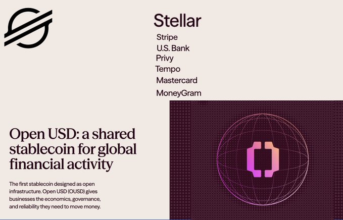 Stellar 'Open USD: a shared stablecoin for global financial activity' promotional graphic, listing partners Stripe, U.S. Bank, Privy, Tempo, Mastercard, and MoneyGram, with a purple wireframe globe containing a bracket symbol.
