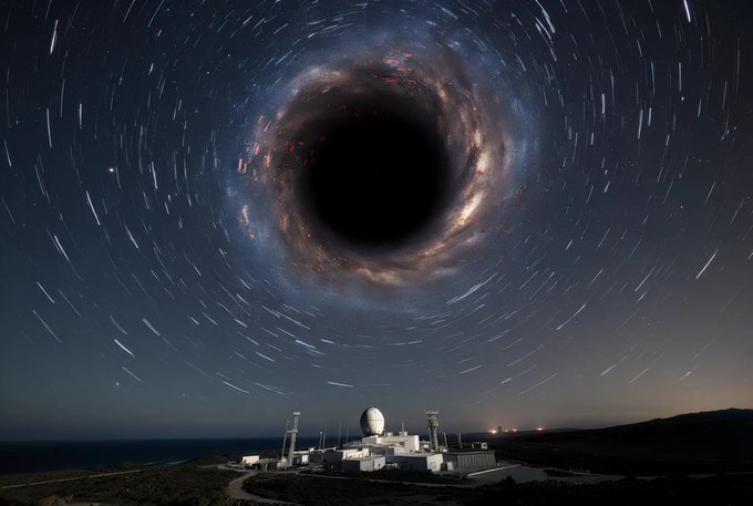 A dramatic composite image of a black hole with swirling star trails, looming above what appears to be an observatory facility on a coastal landscape.