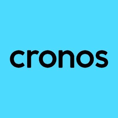 The 'cronos' logo displayed in bold black lowercase text on a bright blue background.