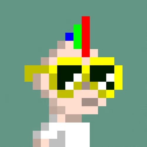 A pixel art character portrait wearing yellow sunglasses with colorful geometric blocks on top of their head against a teal background.
