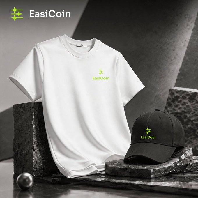The image features two t-shirts, one white with green text that says "EasiCoin" and another black hat with the same green text. The hats are placed next to each other, possibly as part of a giveaway or contest. The caption at the bottom of the image reads "Thank you all for your support, and thanks to EasiCoin for sponsoring this giveaway for everyone! Grok fair lottery!".