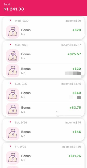 A mobile app screenshot showing a Total of $1,241.08 with daily 'Bonus' income entries from Me, ranging from $20 to $45.57 across dates from Wed 9/30 to Fri 9/25.