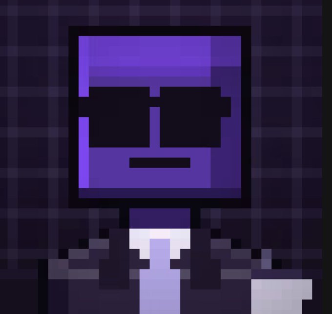 A pixel art portrait of a purple-skinned character wearing large black square sunglasses and a dark suit with a white shirt, set against a dark plaid purple background.
