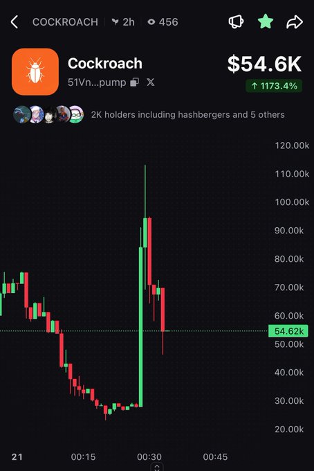 A cryptocurrency chart for 'Cockroach' showing a price of $54.6K with a 1173.4% increase, featuring dramatic price spikes on a candlestick graph.