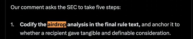 Text excerpt from a regulatory comment asking the SEC to take five steps: '1. Codify the airdrop analysis in the final rule text, and anchor it to whether a recipient gave tangible and definable consideration.'