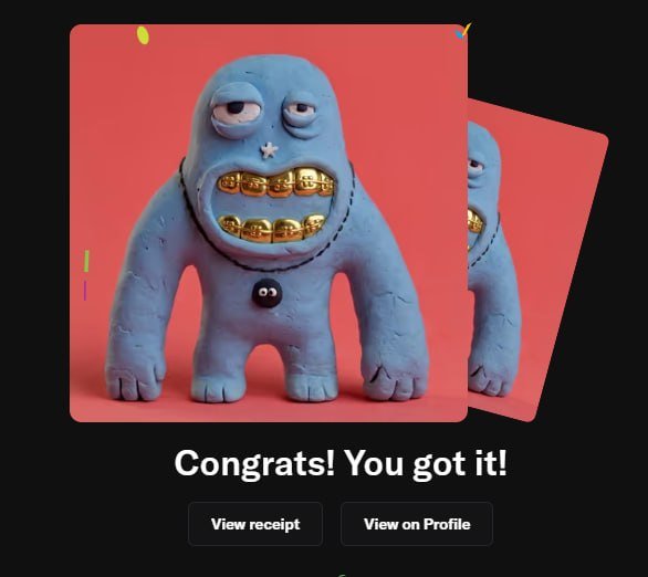 Success screen displaying 'Congrats! You got it!' featuring a 3D rendered blue monster character with gold teeth on a red background.