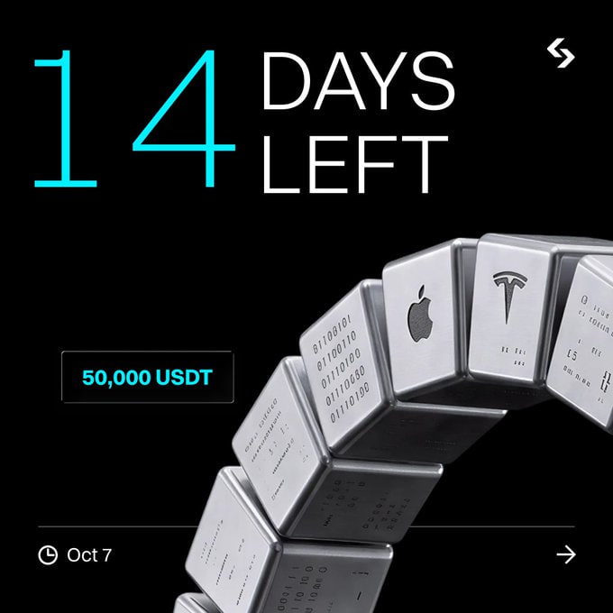 A promotional graphic stating '14 DAYS LEFT' with a prize pool of '50,000 USDT', featuring 3D metallic cubes with Apple and Tesla logos.