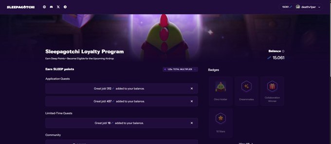 A screenshot of the Sleepagotchi Loyalty Program shows a balance of 15,061 SLEEP points, application quests, and badges like Dino Holder and Dreamcatcher.