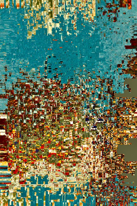 An abstract, glitchy artwork composed of pixelated blocks in teal, red, yellow, and gray colors.
