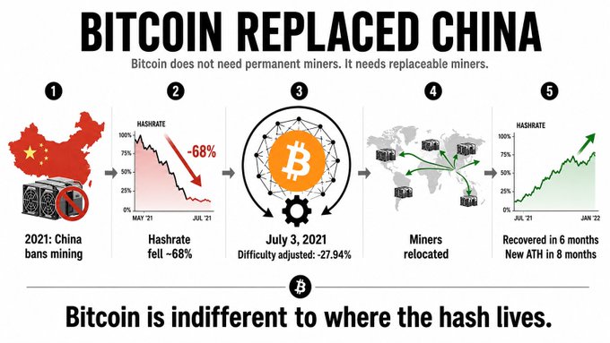 A 5-step infographic titled "BITCOIN REPLACED CHINA" illustrates how Bitcoin's network recovered after China banned mining in 2021, showing hashrate dropping ~68%, difficulty adjusting -27.94% on July 3, 2021, miners relocating globally, and hashrate recovering with a new all-time high within 8 months—demonstrating the caption's point that "Bitcoin is indifferent to where the hash lives."