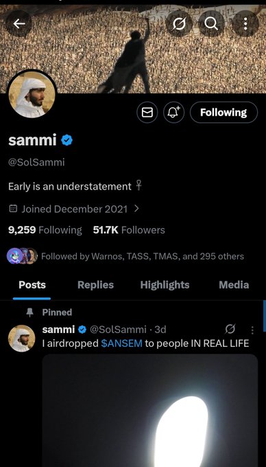 The image shows a Twitter/X profile page for user "sammi" (@SolSammi) with 51.7K followers, featuring a pinned post about airdropping $SANSEM to people in real life, accompanied by a glowing object photo. The post caption with a Solana address suggests the user is promoting or directing engagement toward a cryptocurrency token/airdrop, aligning with the meme-style crypto culture reflected in the profile's "Early is an understatement" tagline and $SANSEM-related content.