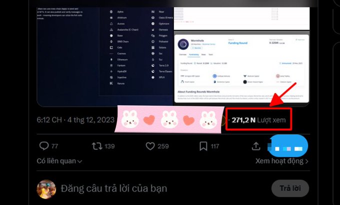 A Twitter/X post screenshot in Vietnamese showing crypto analytics with text '271,2 N Lượt xem' highlighted by a red box and arrow.