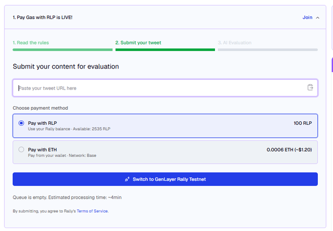 The image shows an infographic displaying a summary of a recent update made by Rally on their platform. The main focus of the infographic is on a feature called "Pay with RLP" that allows content creators to pay for AI review services using RLP (Rally Points) instead ofETH. This change was implemented in the latest update, and it has already been rolled out globally. The post suggests that this new payment option will help alleviate some difficulties content creators faced when making payments using ETH in the past.