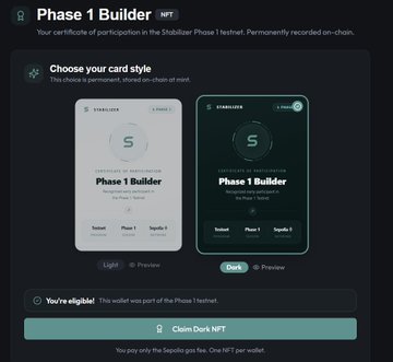 The image displays a "Phase 1 Builder NFT" minting interface from Stabilizer, showing two card style options (Light and Dark) for a permanent on-chain certificate recognizing Phase 1 testnet participation. A green confirmation message indicates the user is eligible to claim their free NFT, with the claim button visible at the bottom.