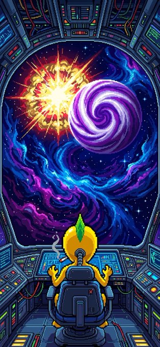 A vibrant digital illustration depicts a yellow cartoon character with a green mohawk sitting in a spaceship cockpit, looking out at a cosmic scene with a purple spiral galaxy and a bright explosion.