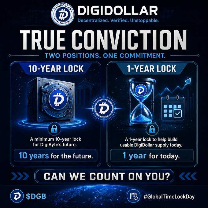 Promotional graphic for DigiDollar (DigiDollarr), a decentralized stable asset on DigiByte, titled 'TRUE CONVICTION - TWO POSITIONS. ONE COMMITMENT.' It highlights a 10-year lock and a 1-year lock option, with the hashtag #GlobalTimeLockDay and ticker $DGB.