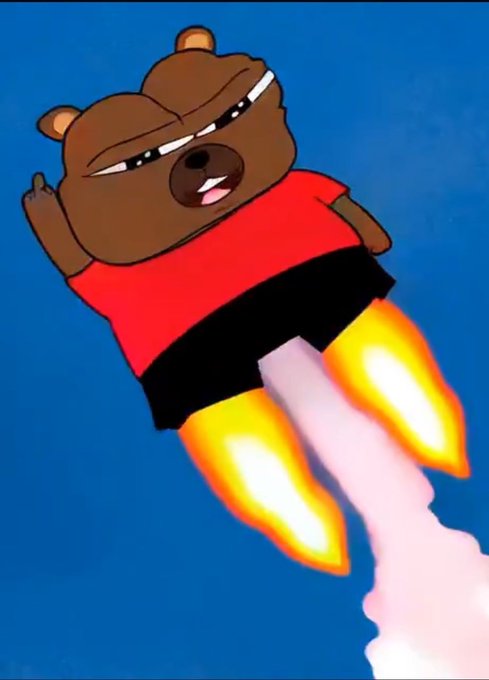 The image features a cartoon bear wearing red and black clothing, with its arms raised high above its head as if flying through the air. The background of the image is blue, which contrasts nicely with the brown color of the bear's fur. In the bottom right corner of the image, there is text that reads "Day 350 posting a meme until Bobocouncil gets to 1B market cap @bobocouncil". This text seems to be related to the post about the meme and the bear flying through space.