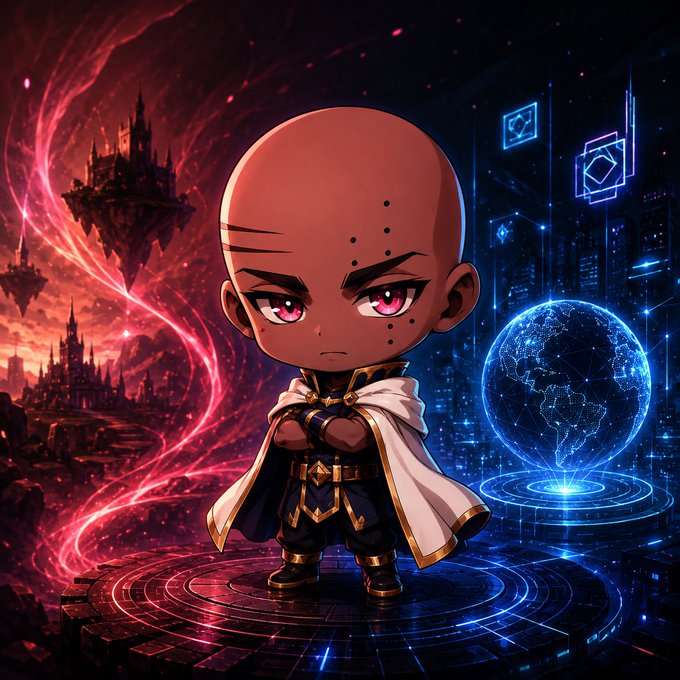 A chibi-style character with red eyes and facial markings, wearing a white cape and gold-accented armor, standing between a fiery dark castle on the left and a glowing blue digital globe on the right.