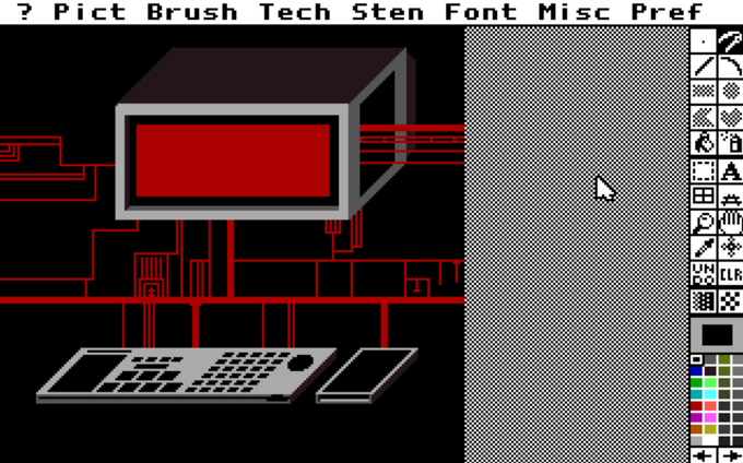 A pixel art editor interface (likely Deluxe Paint) showing an isometric drawing of a computer monitor and keyboard in red and gray tones.