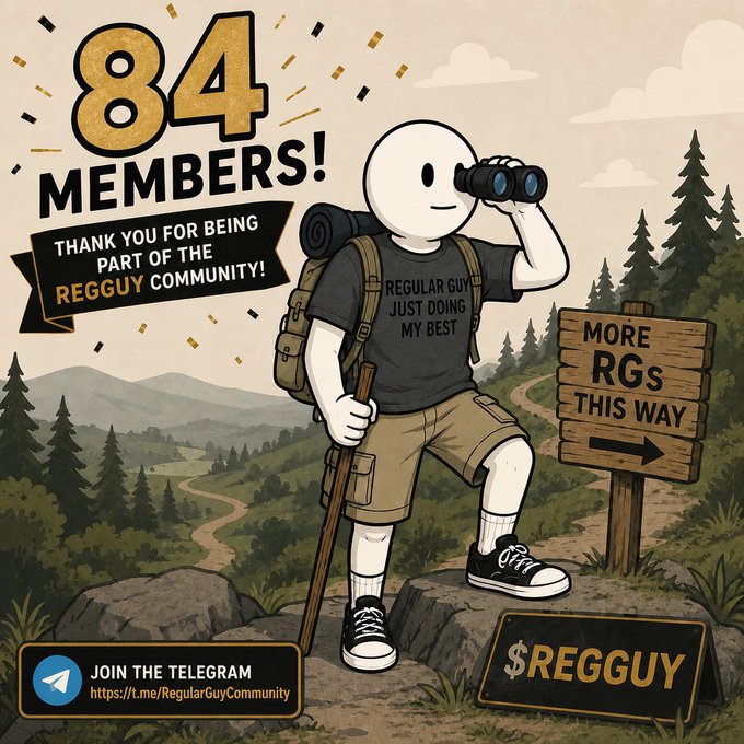 An illustrated promotional image celebrating '84 MEMBERS' of the Regguy community, featuring a cartoon character with binoculars and a walking stick on a hiking trail with a sign saying 'More RGs This Way' and a Telegram link.